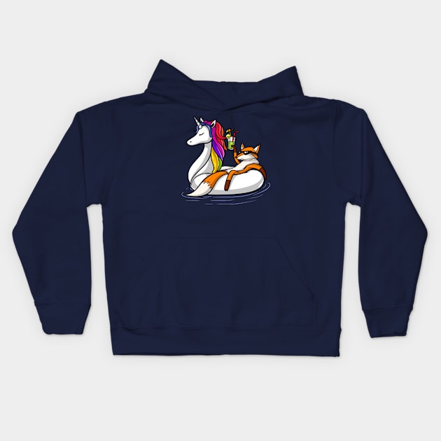 Fox Riding A Unicorn Float Kids Hoodie by underheaven